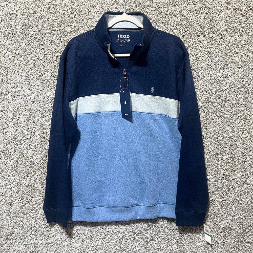 IZOD Sweatshirt Men's L Navy Blue Colorblock Advantage Performance Quarter Zip